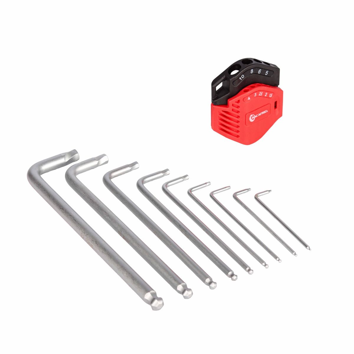 MAC AFRIC Long Arm Ball-end Key Set, nine S2 steel hex keys with spiral extractor tips and storage holder