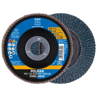 PFERD POLIFAN flap disc PFC 115x22.23 mm conical Z120 Uni. Line PSF STEELOX steel/stainless steel