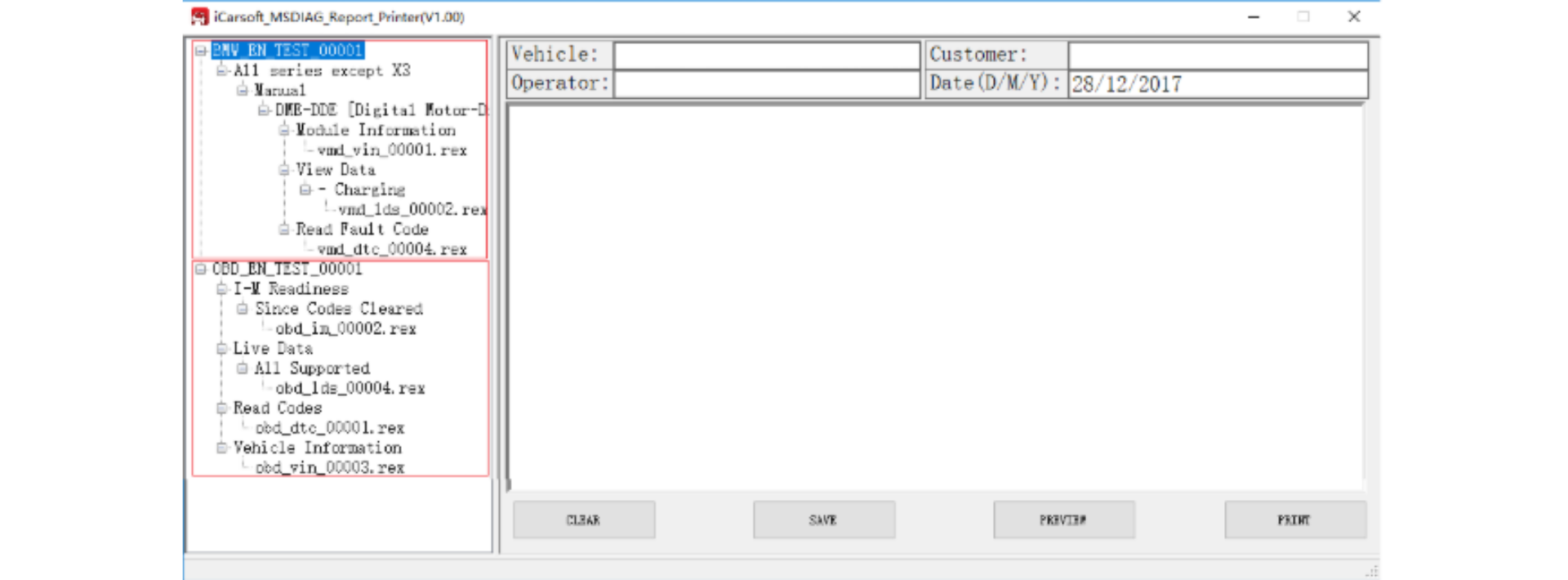 Report Printer - BMW and OBD Test File Selection